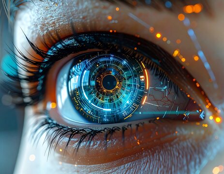 Futuristic human eye with augmented reality and digital overlay visual