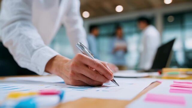 Medium shot of an expert reviewing PII data classification documents with a pointer teammates blurred softly in a collaborative workspace.