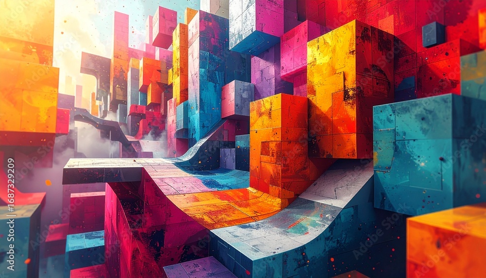 Poster vibrant abstract patterns with colorful geometric shapes and textures