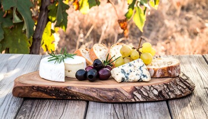 Cheese, grapes, and bread on a wooden board