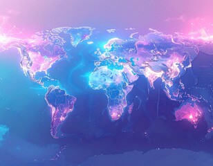 Futuristic world map with glowing lines and bright colors in blue pink