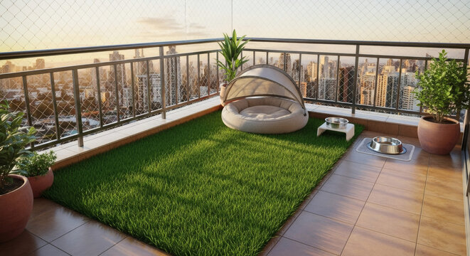 A balcony designed for a pet: an artificial grass patch, a shaded bed, a water bowl, and secure, transparent mesh netting installed over the railings for safety
