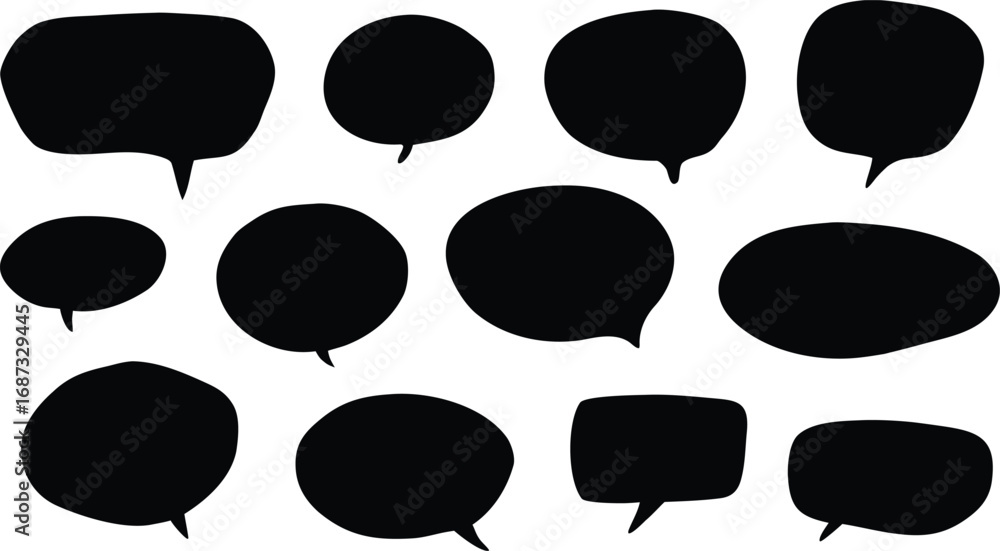 Poster collection of black speech bubbles and thought bubbles in various shapes and sizes, isolated on whit