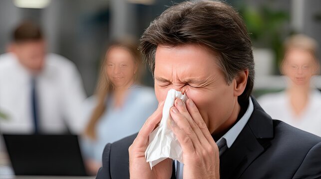 Man with tissue sneezing in office environment surrounded by coworkers during a busy workday
