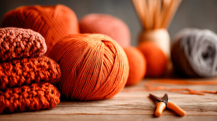 A table with a bunch of yarn and knitting needles. The yarn is orange and the needles are orange