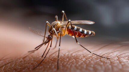 Naklejka premium Mosquito feeding on human skin close-up macro photography natural environment detailed view insect behavior