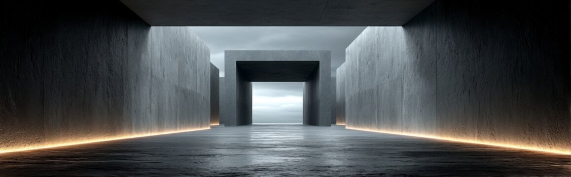 Long elegant hallway leading to a bright light at the end featuring a slate gray field with a soft top glow creating a minimalist and serene atmosphere for various settings