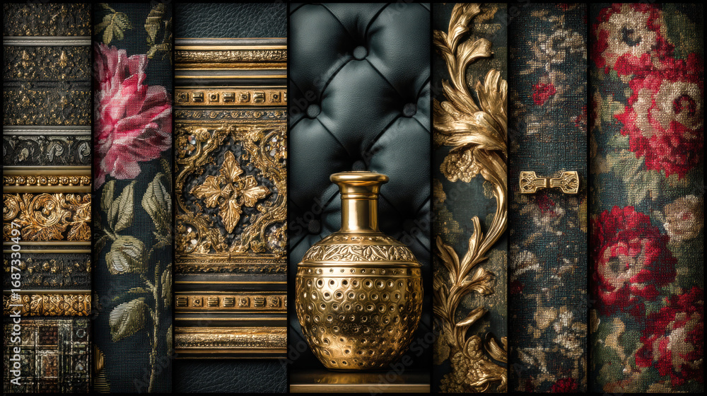 Poster a gold vase sits on a table next to a black and gold patterned background. the vase is the focal poi