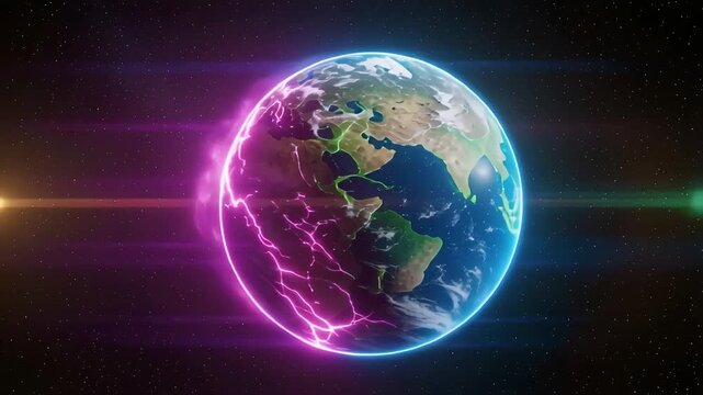 Dynamic Earth spins in vibrant cosmic nebula, showcasing global energy and innovation with stunning electrical storms and bright starry background. - Powered by Adobe