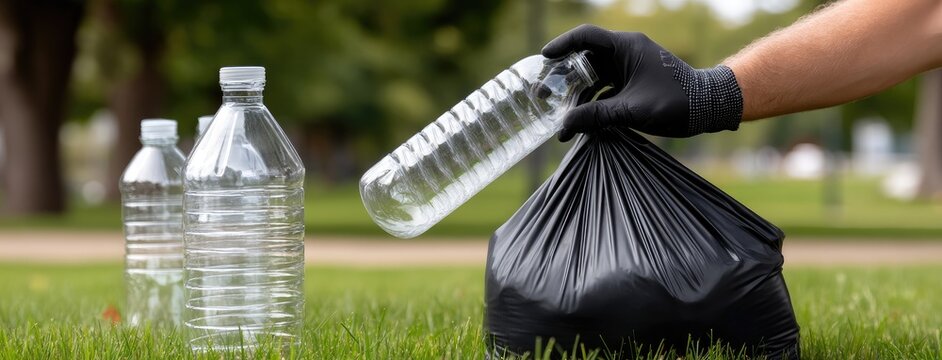 Hands wearing gloves pick up a plastic water bottle and place it in a black garbage bag at a park during a clean-up event in the afternoon - Powered by Adobe