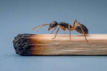 small ant on burnt match