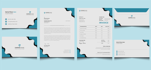 Editable clean editable creative minimalist modern company business corporate branding brand identity stationery design template blue black gray colors.