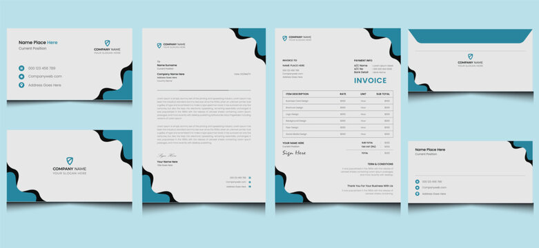 Editable clean editable creative minimalist modern company business corporate branding brand identity stationery design template blue black gray colors.