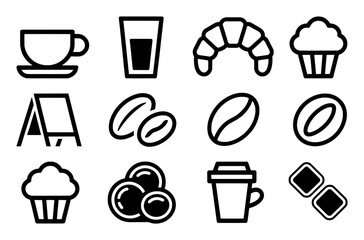 Coffee Shop Icons: Cup, Croissant, Muffin, Beans, and More