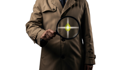 Focused investigation and business analysis with a magnifying glass targeting a glowing green point, ideal for market research, quality control, cybersecurity, sustainability, and problem-solving,