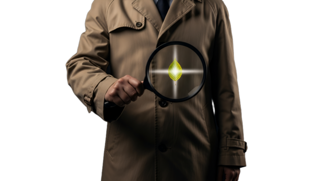 Focused investigation and business analysis with a magnifying glass targeting a glowing green point, ideal for market research, quality control, cybersecurity, sustainability, and problem-solving,