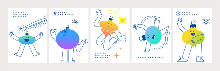 Christmas and New Year Greeting Cards. Fun vector illustrations for greeting card, party invitation card, website banner, social media banner, marketing material.