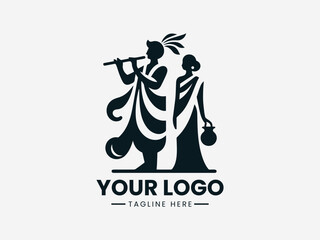 Traditional couple silhouette vector logo with man playing flute and woman holding pot