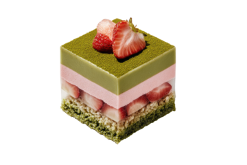 Cubic layered dessert with strawberries