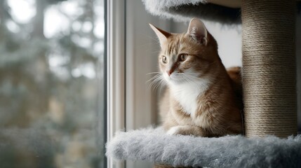 An orange tabby cat rests on a plush surface near a window looking outside