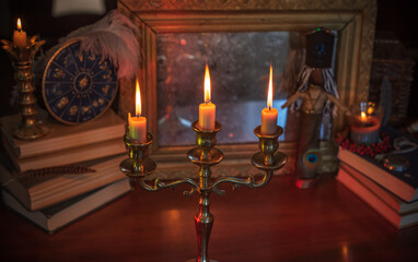 Magic doll for attracting love, rite with voodoo and fate creation, details on a table of witch, occultism concept