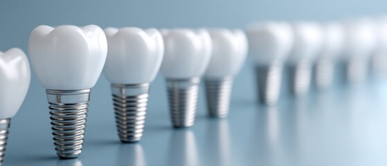 Three dental implants, two resembling natural teeth, are displayed on a clean surface, showcasing advancements in oral care technology