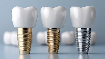 Three dental implants, two resembling natural teeth, are displayed on a clean surface, showcasing advancements in oral care technology