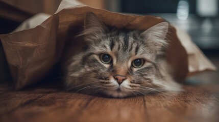 An adorable curious long haired tabby cat peeks out from a crumpled brown paper bag resting playfully on a wooden floor indoors