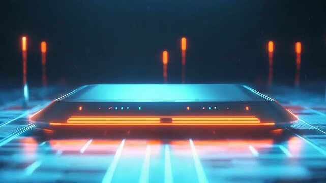 Futuristic device glowing on circuit board in dark environment