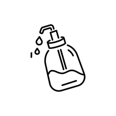A black outline illustration of a soap dispenser with a liquid inside and drops coming out of the nozzle drawn against a white background. Editable stroke. Vector icon illustration