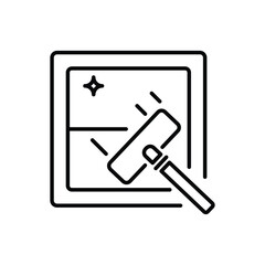 A window with a squeegee cleaning it indicated by streaks and a sparkle symbol in the top left. Editable stroke. Vector icon illustration