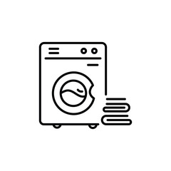 An outline drawing of a washing machine with folded clothes next to it. Editable stroke. Vector icon illustration