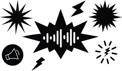 A collection of black graphic elements including starbursts, sound waves, a megaphone, and lightning bolts, isolated on a white background