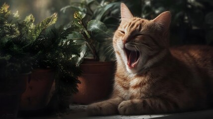 Orange cat yawns widely on a sunlit ill nestled among lush green plants capturing a serene afternoon moment