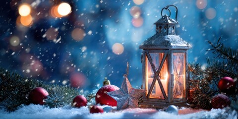 The glowing lantern surrounded by snow and festive decorations in winter ambiance.