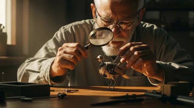 An elderly craftsman with a magnifying glass adjusts the gears of a brass mechanical bird on a wooden workbench, a warm side lamp and tools in soft blur behind