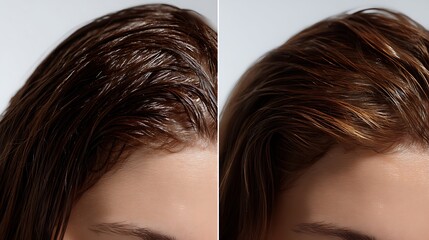 Obraz premium Photo Showing Split Composition For Advertising: Left Side Depicts Oily Scalp With Greasy Hair Clumped Together, Close-Up Texture Under Harsh Bright Light. Right Side Shows Same Scalp