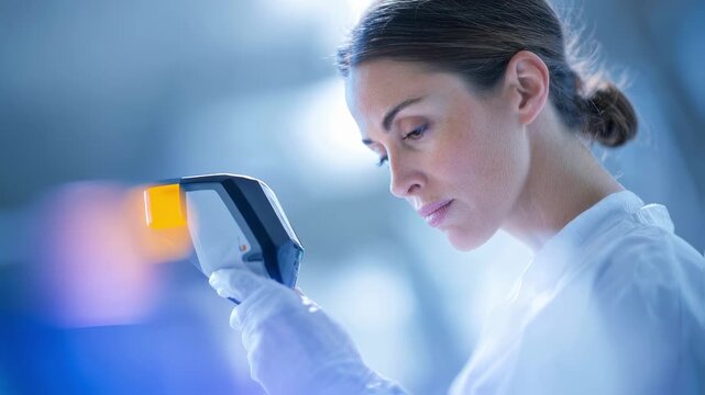 Medium shot of a clinician performing a UDI scan on a diagnostic tool emphasizing medical device tracking with blurred surroundings.