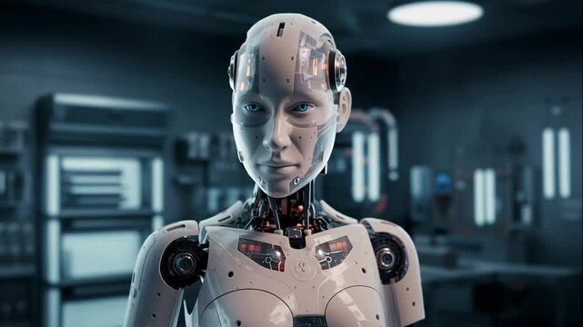Close-up of a humanoid android with a transparent skull, exposed circuitry, and a bionic neck against the backdrop of a high-tech laboratory, concept of robotics and human-machine interface research