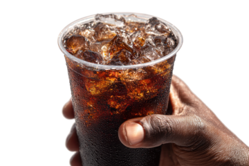 A hand holding a plastic cup of dark soda with ice