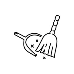 Line drawing of a dustpan  broom. Editable stroke. Vector icon illustration