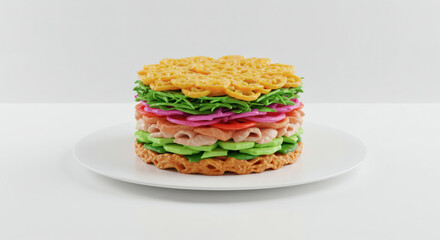 A creative and unique fusion sandwich made with instant ramen noodle buns, layered with fresh deli meat, lettuce, tomato, and red onion on a white plate