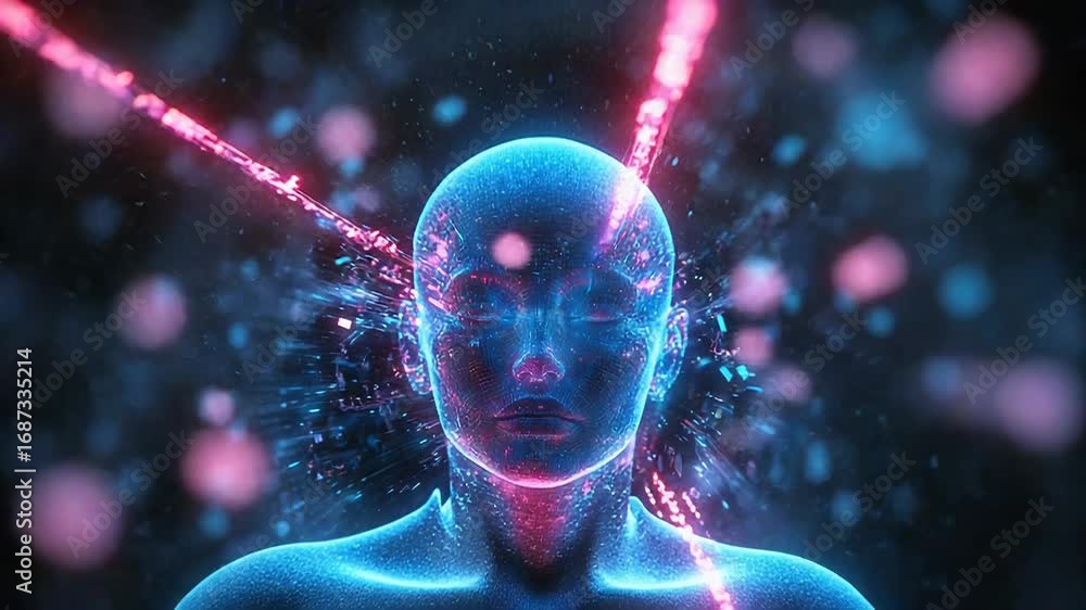 Aufkleber artificial intelligence face emerging from data stream