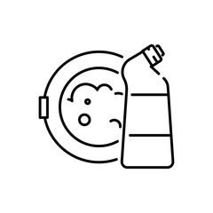 Line drawing of a soap bottle next to a sink with a few bubbles in it. Editable stroke. Vector icon illustration