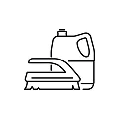 Outline of cleaning supplies a brush with bristles and a handled container of liquid cleaner. Editable stroke. Vector icon illustration