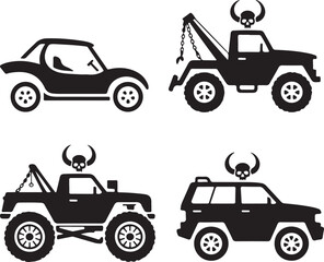 Four Black Silhouettes of Off-Road Vehicles and Tow Trucks with Skulls on White Background