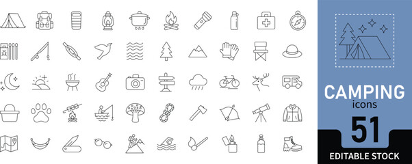 Camping icon set. Minimal outdoor line icons tent, fishing, campfire, hiking, mountain, biking, adventure, and more. Editable stroke, vector illustration.