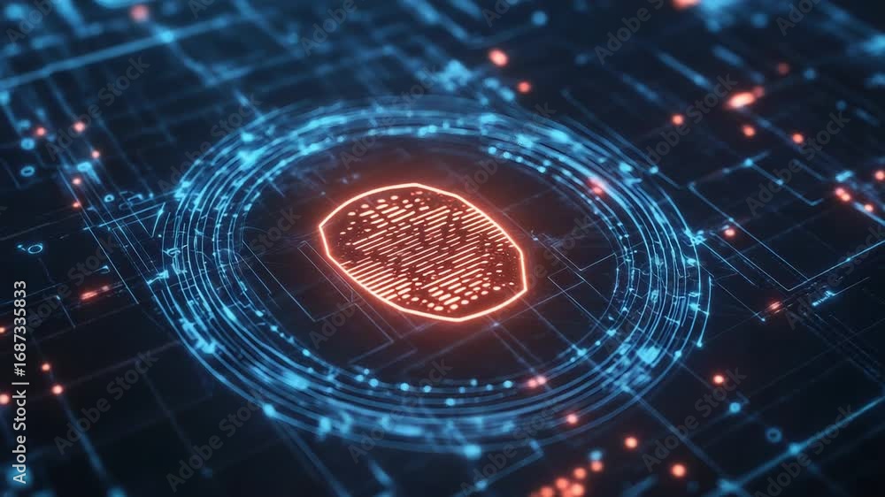 Poster fingerprint scanning on futuristic circuit board ensuring data security