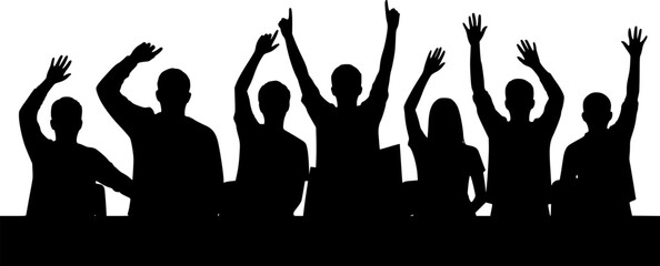 Students raising hands in classroom silhouette vector illustration isolated on white background
