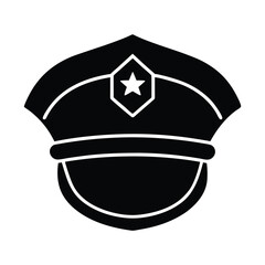 Classic police hat silhouette with emblem and badge on white background for law enforcement designs